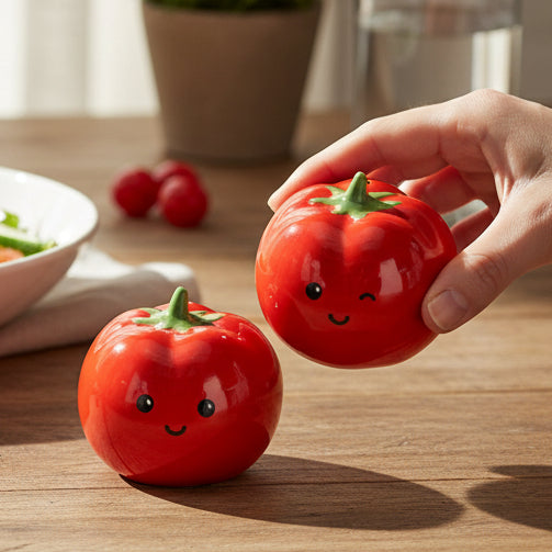 Tomato salt and pepper shakers held in hand on wooden table lifestyle shot
