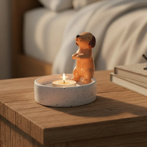 Tan ceramic sausage dog tealight holder standing in white speckled dish