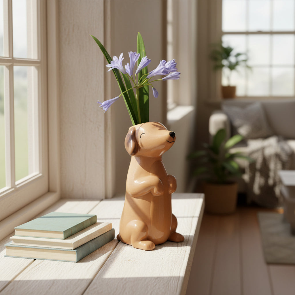 Tan ceramic sausage dog vase with flowers displayed on back