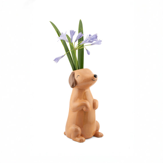 Sausage dog ceramic vase with colourful flowers in back opening