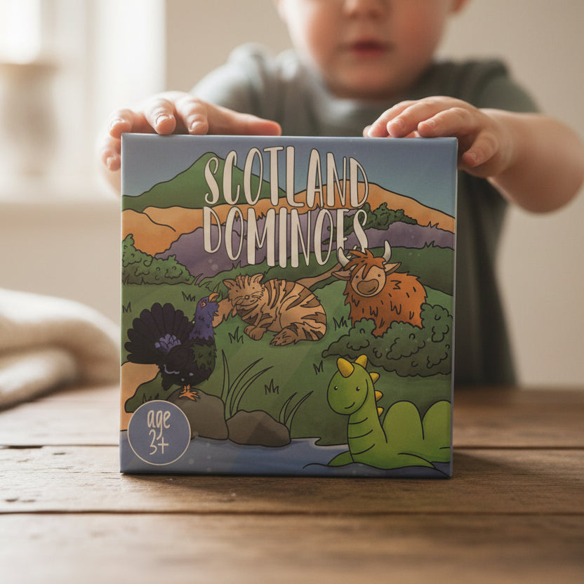 Scotland Dominoes game box with illustrated Scottish scenes cover.