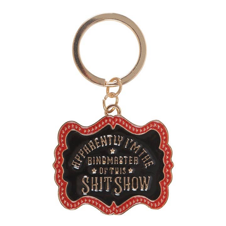 Keyring detail showing vintage circus design on white background