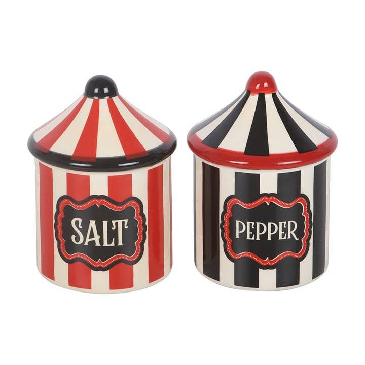 Front view showing red and black striped tent design on white background