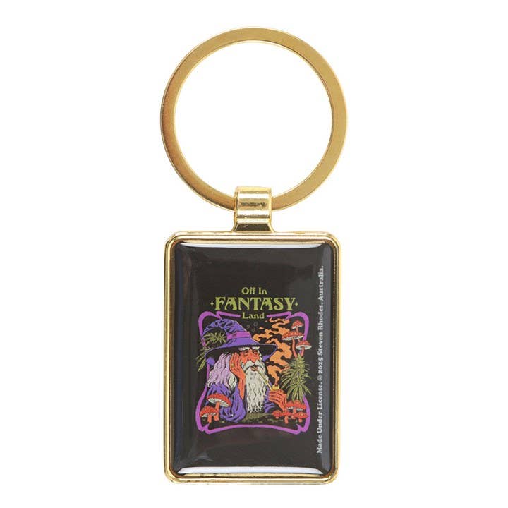 Close-up of keyring showing mushrooms and fantasy design