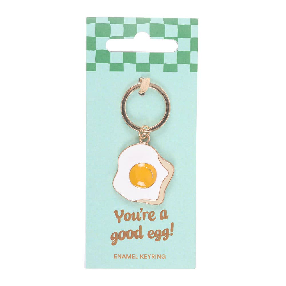 Good egg enamel keyring on mint green packaging card on white background