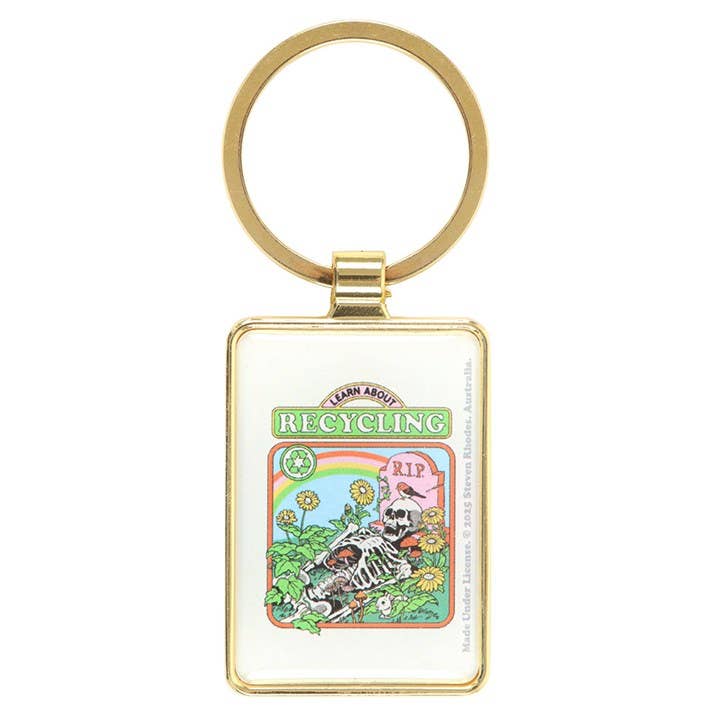 Close-up of keyring showing skeleton and sunflower design