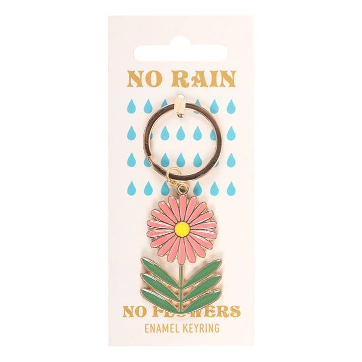 Keyring on 'No Rain No Flowers' card with raindrop design