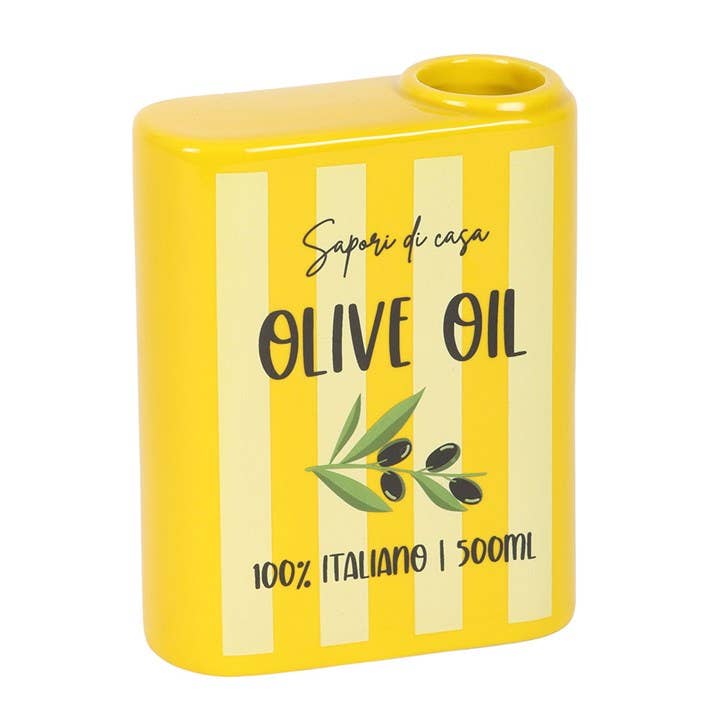 Close-up of vase label showing yellow/white stripes