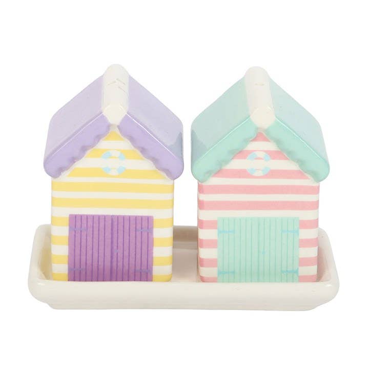 Pastel beach hut shakers front view on tray on white background
