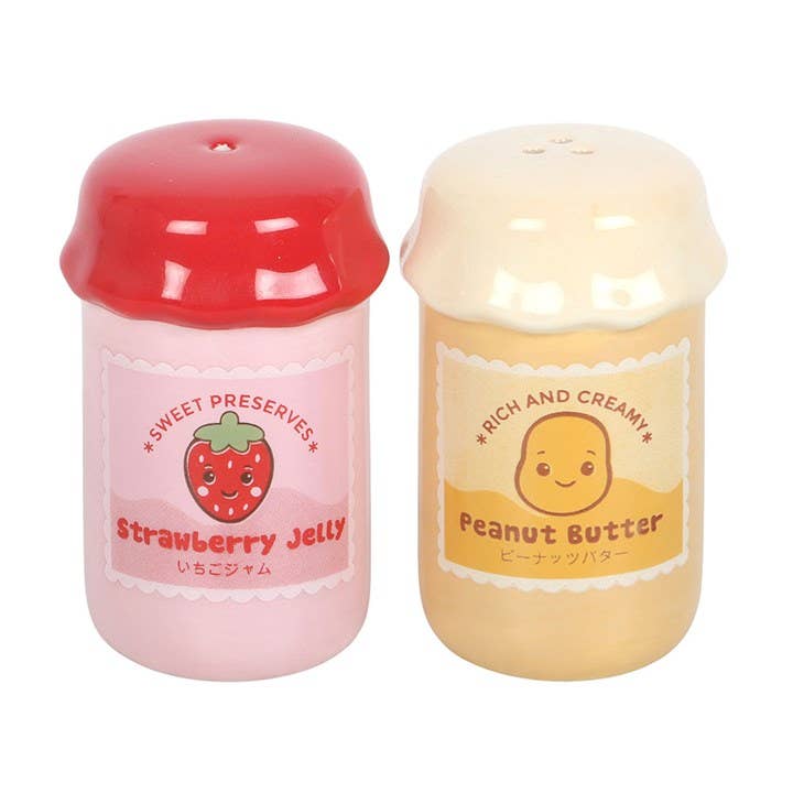 Peanut butter and jelly jar shakers showing labels on white background