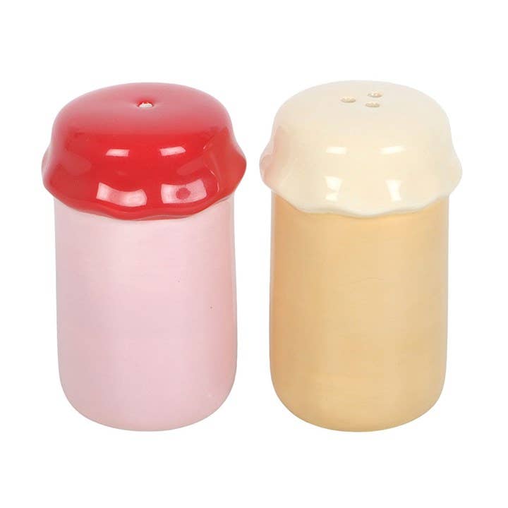 Peanut butter and jelly shakers back view showing plain ceramic backs