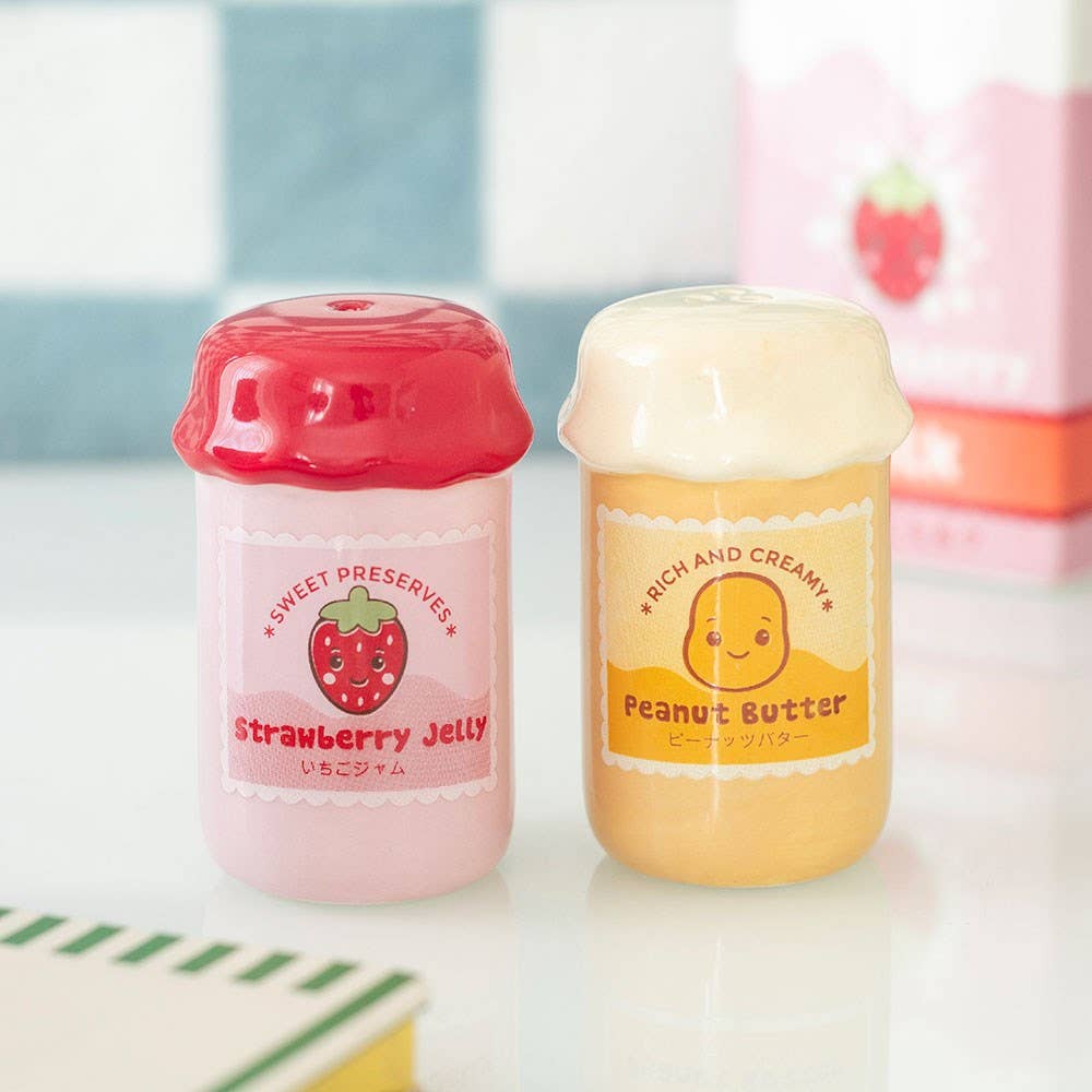 Kawaii peanut butter and jelly salt and pepper shakers styled with packaging