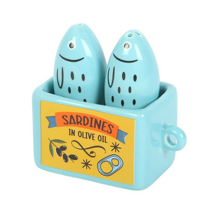 Angled view showing sardine details on white background