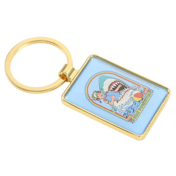 Close-up of keyring showing snorkeller and shark design