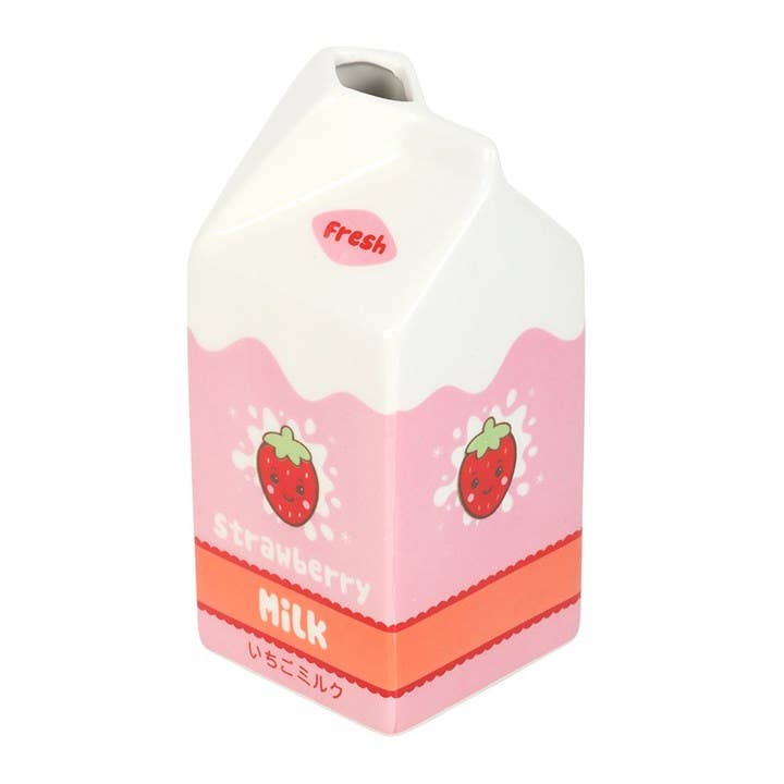 Angled view of strawberry milk-inspired vase