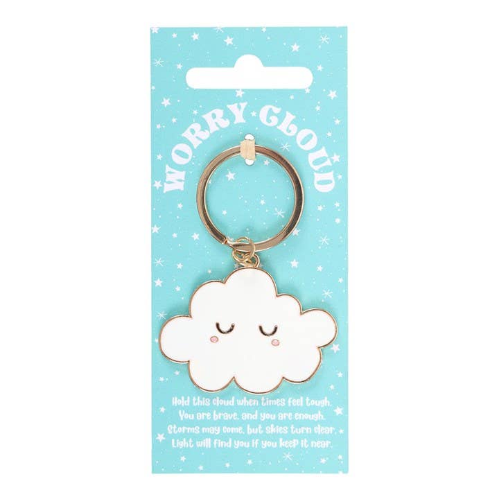 Worry cloud enamel keyring on turquoise packaging card on white background