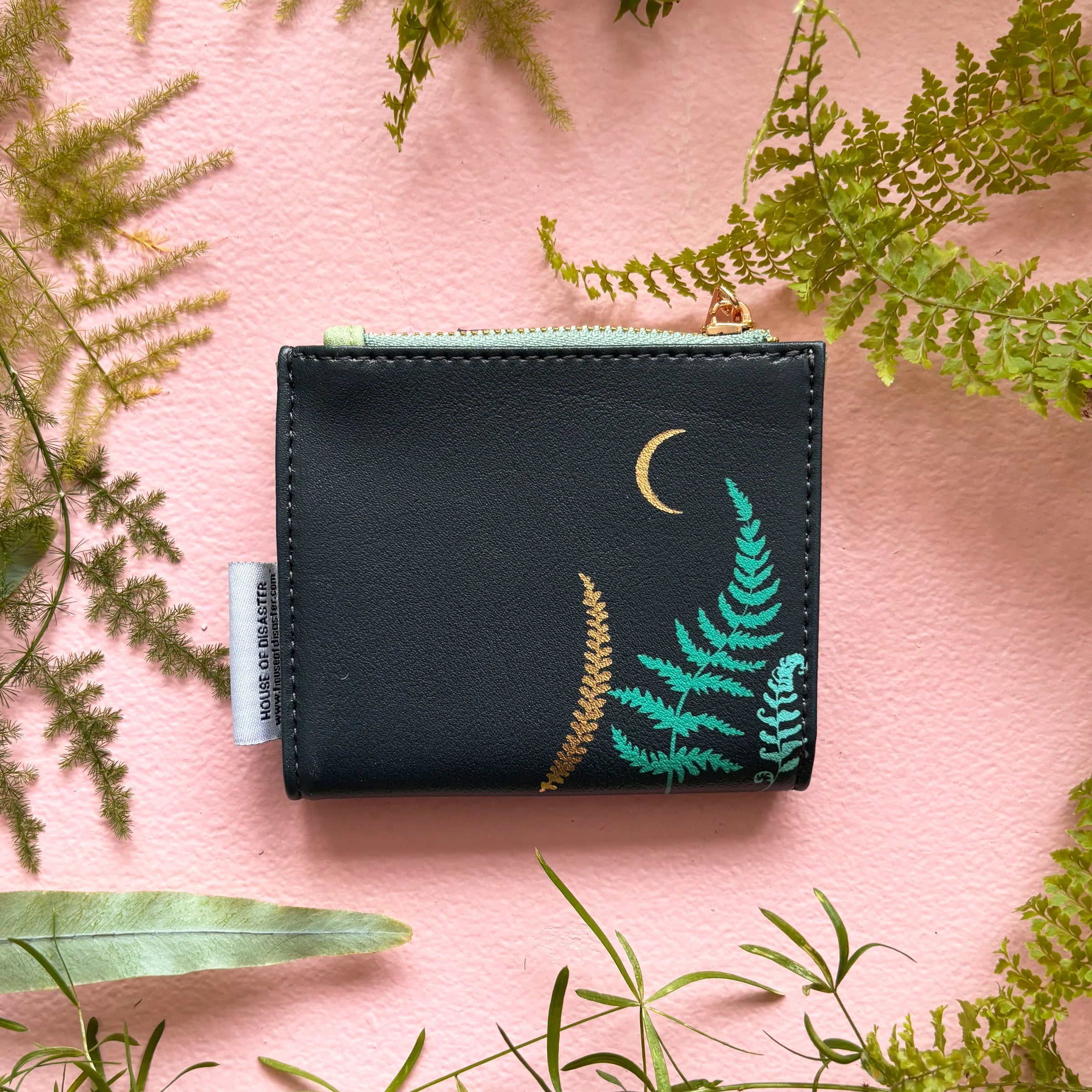 Back view of fox foldover cardholder with fern and moon design
