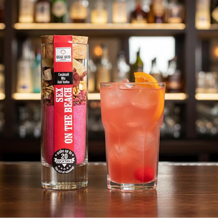 Sex On The Beach cocktail mix in glass bottle with cork stopper