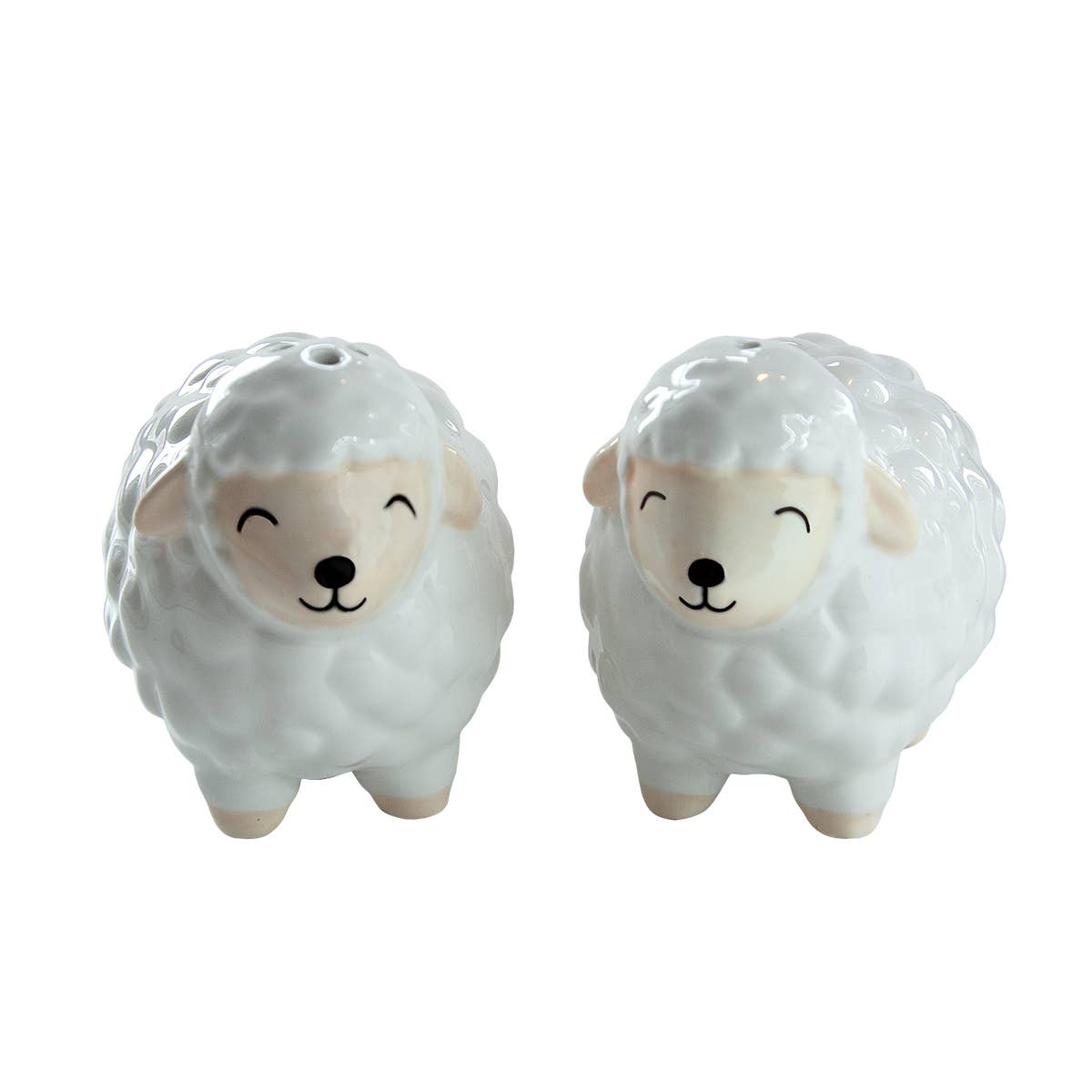 Ceramic sheep shakers showing happy closed eye faces and pink ears