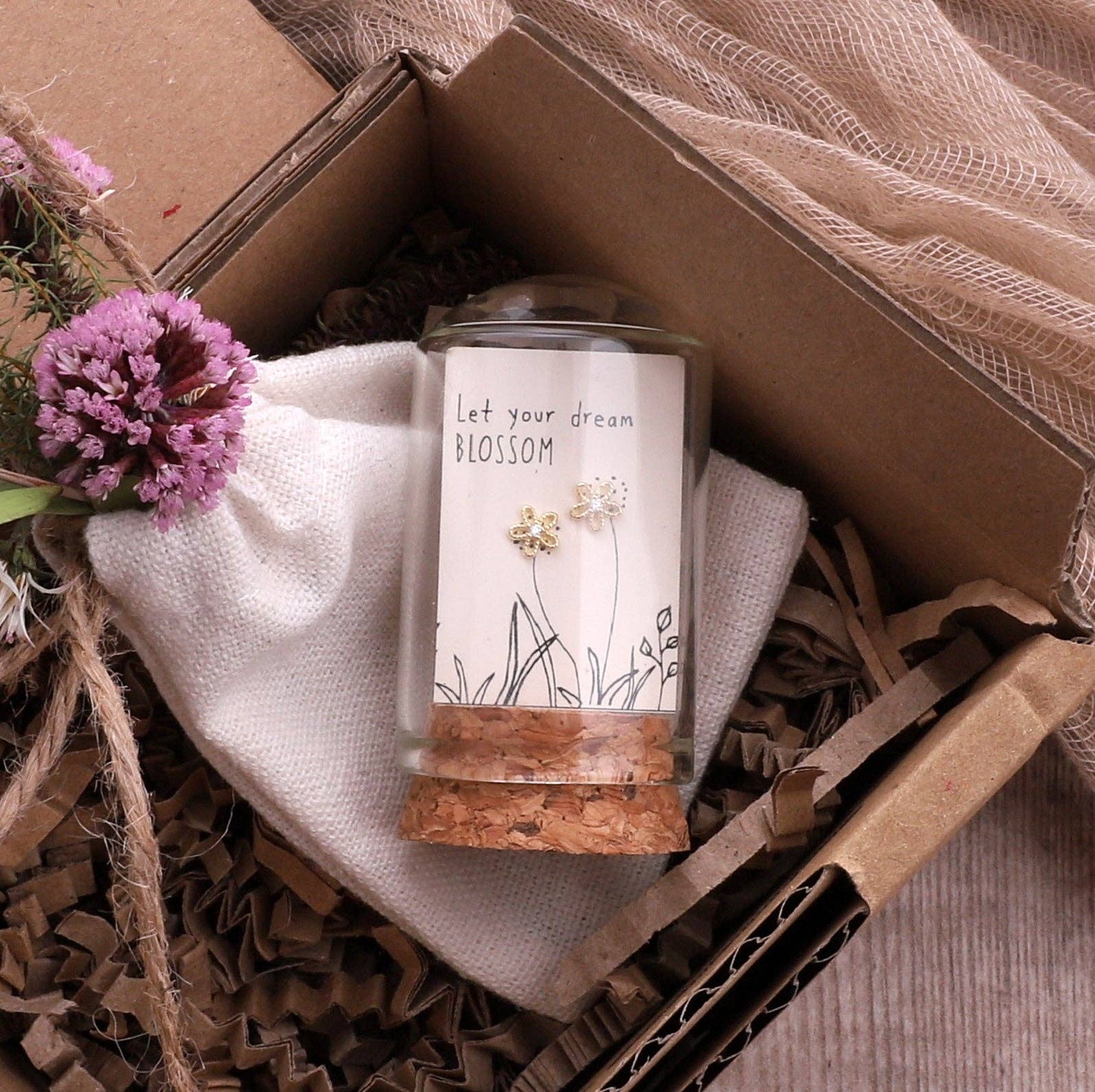 Silver and gold blossom flower earrings with sentiment card