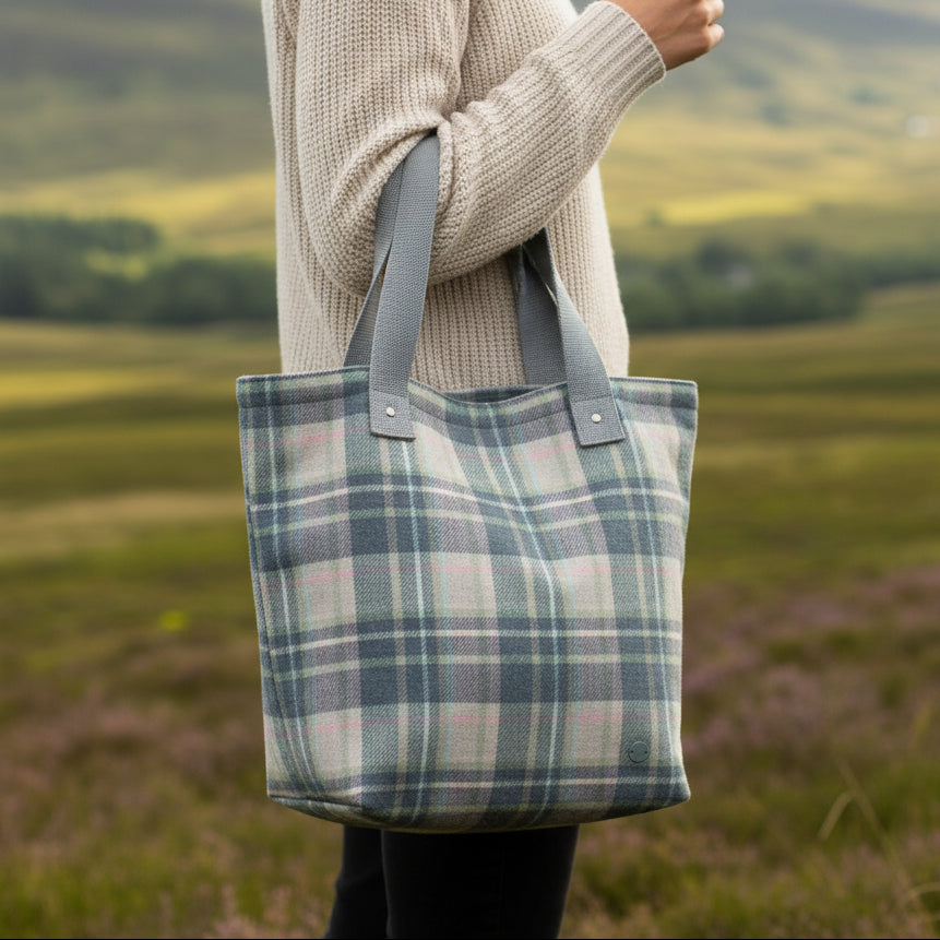 Skye Tweed Shopper Tote flat lay showing blue plaid pattern and straps