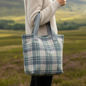 Skye Tweed Shopper Tote flat lay showing blue plaid pattern and straps