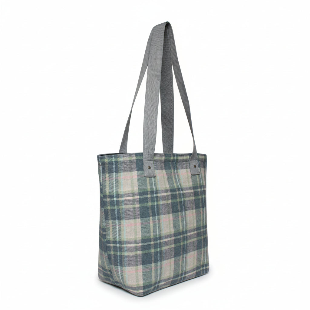 Skye Tweed Shopper Tote showing Earth Squared metal disc logo