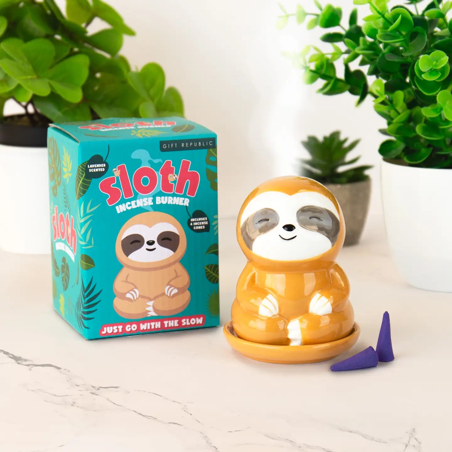Sloth incense burner with Gift Republic box and lavender cones