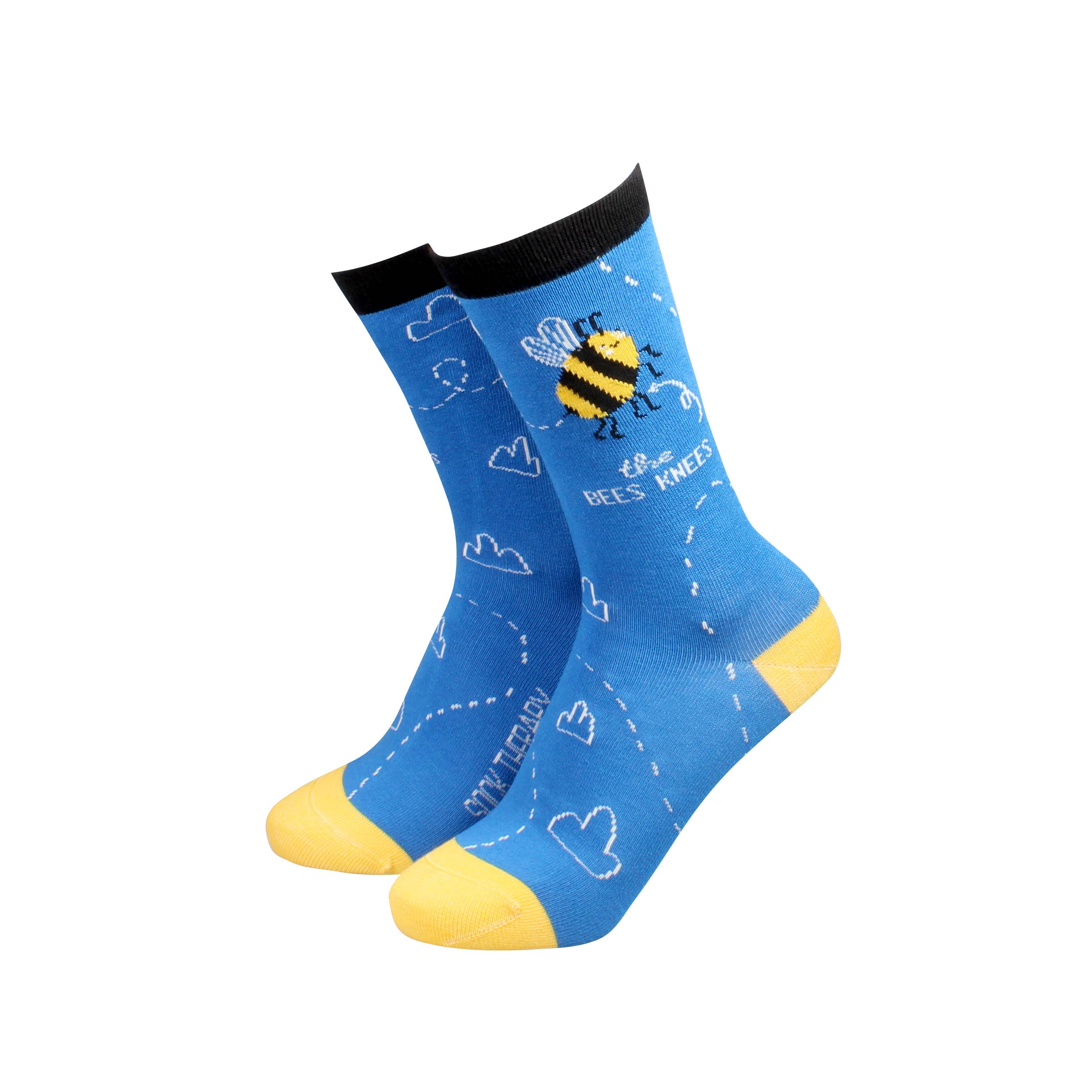 Bees knees blue bamboo socks with bumble bee on white background
