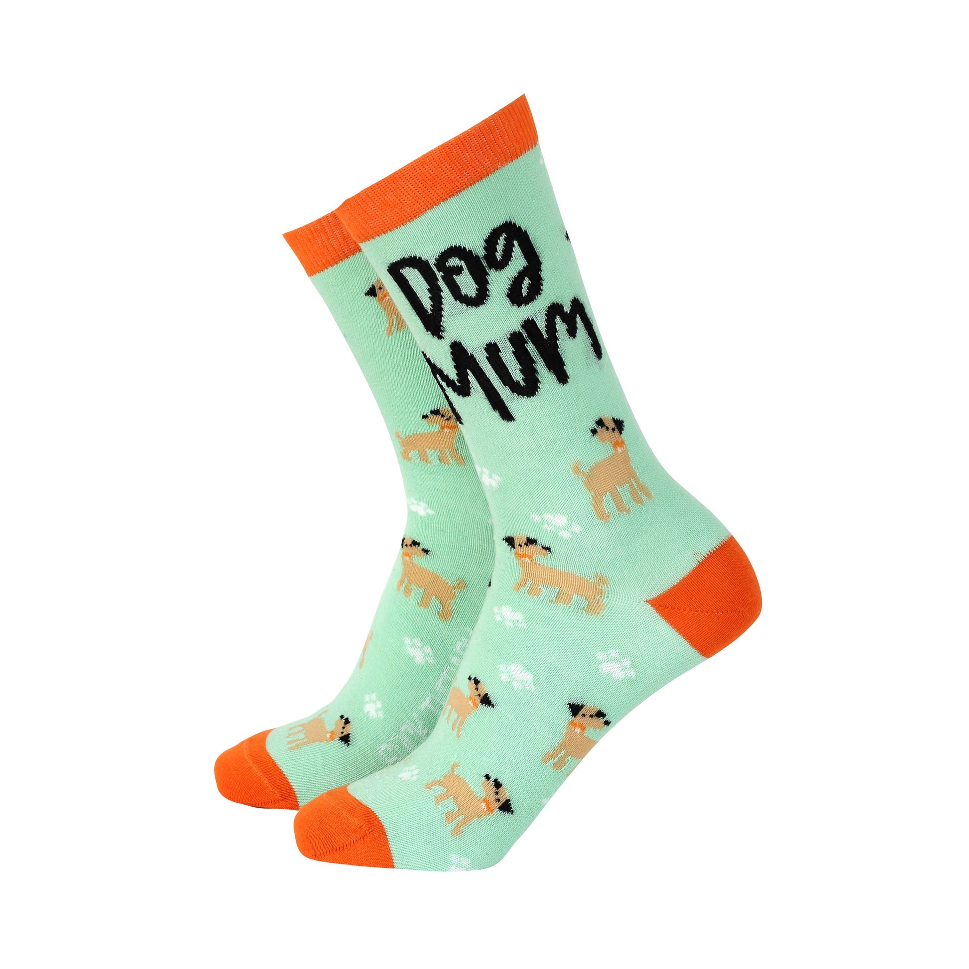 Dog mum bamboo socks in mint green with orange accents on white background