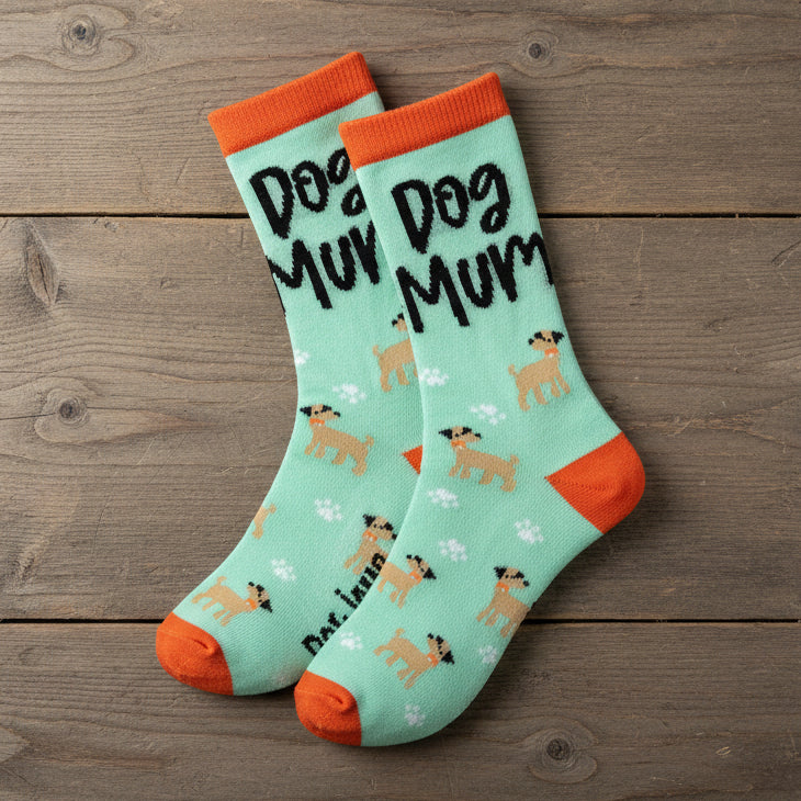 Mint green dog mum bamboo socks with dog illustrations on wooden surface