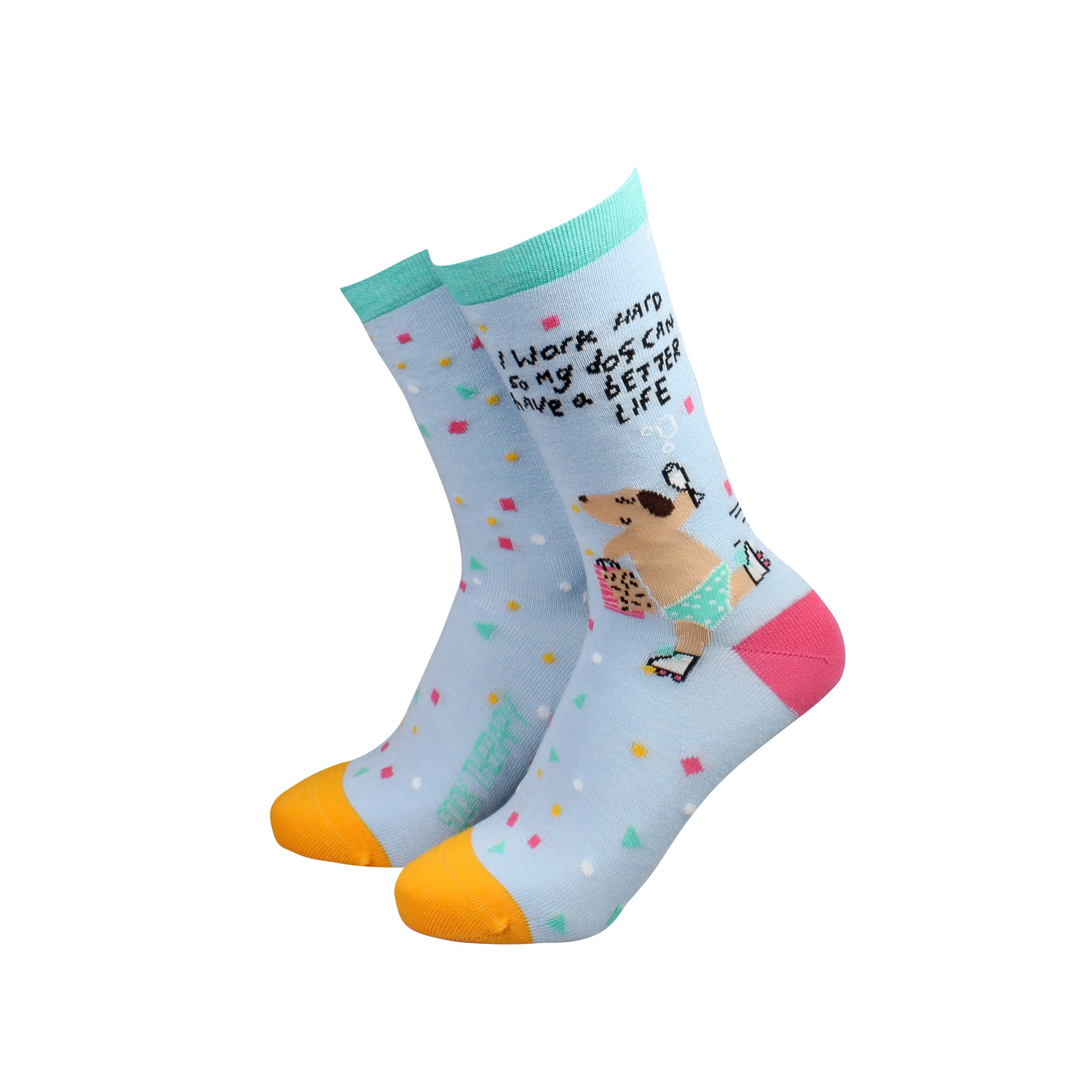 Dog lover bamboo socks with shopping dog design on white background