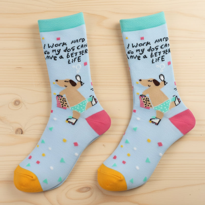 Light blue bamboo dog lover socks pair on wooden surface