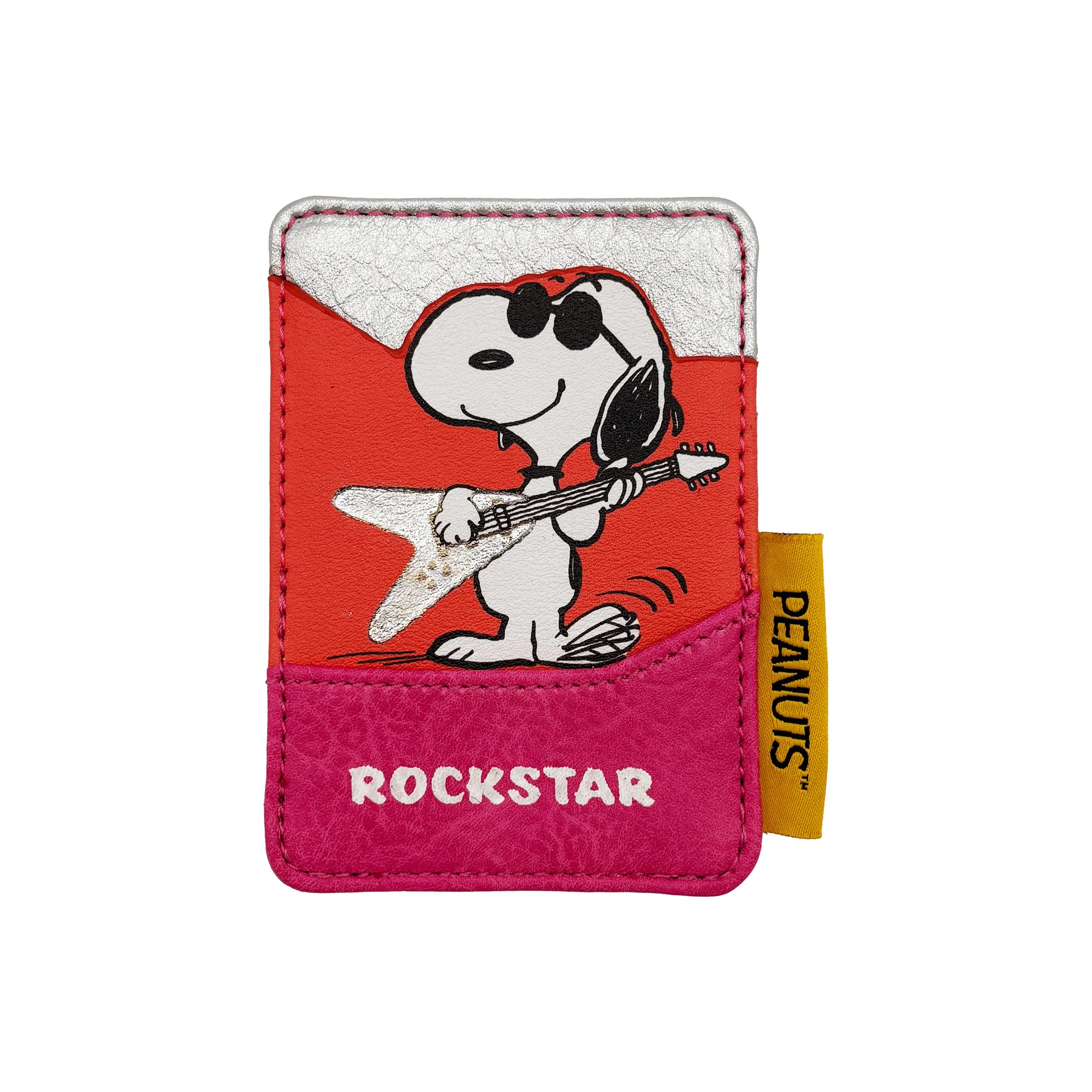 Front view of Peanuts Rockstar Cardholder showing Snoopy with guitar and “Rockstar” text.