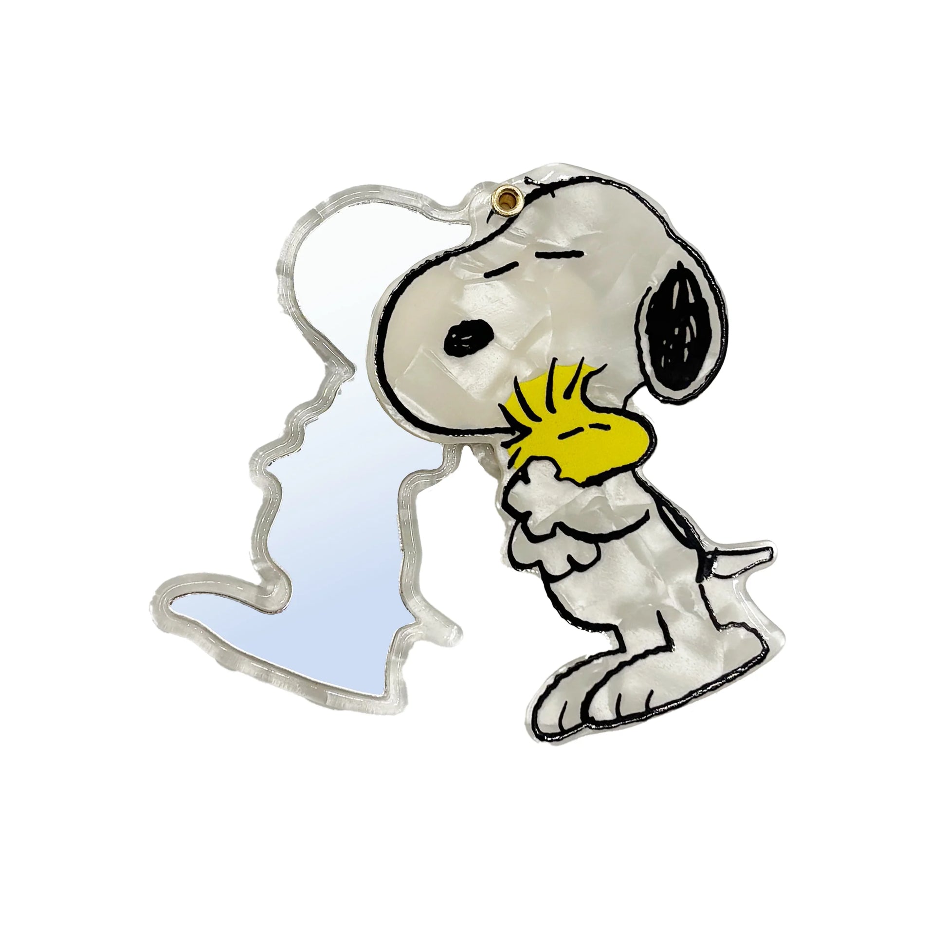 Open Peanuts compact mirror showing Snoopy hugging Woodstock design.