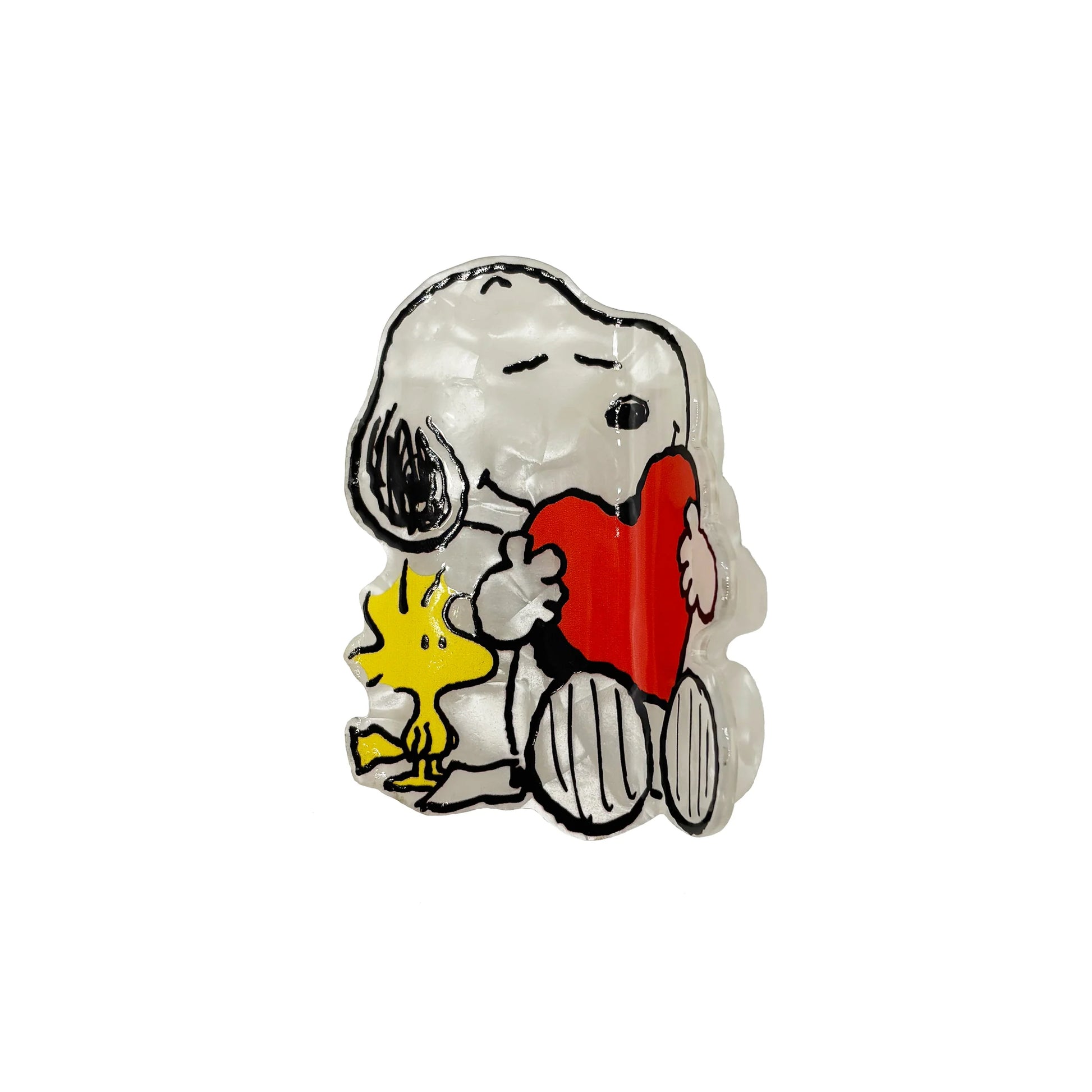 Snoopy and Woodstock PVC hair claw close-up detail.