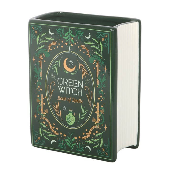 Green Witch Book of Spells ceramic vase front view on white background
