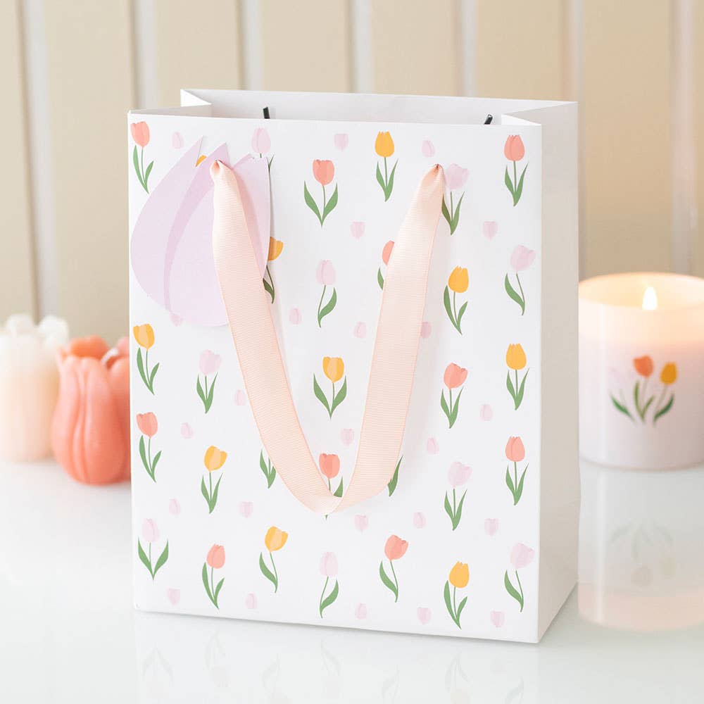 Spring tulip print paper gift bag with bright floral design