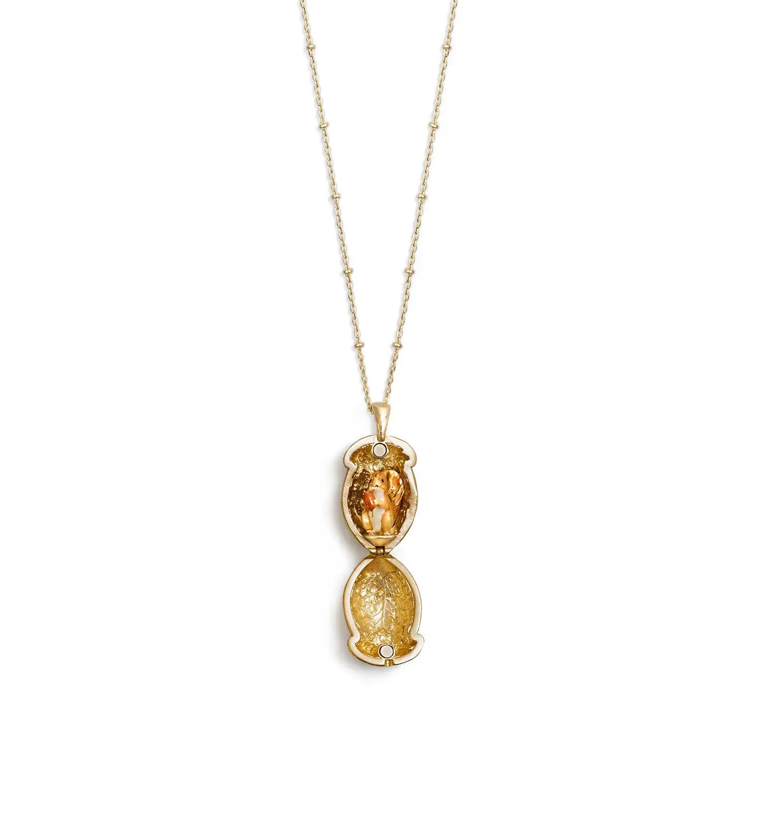 Squirrel Acorn Locket open on gold chain showing hand-enamelled squirrel detail with silver-accented acorn top.