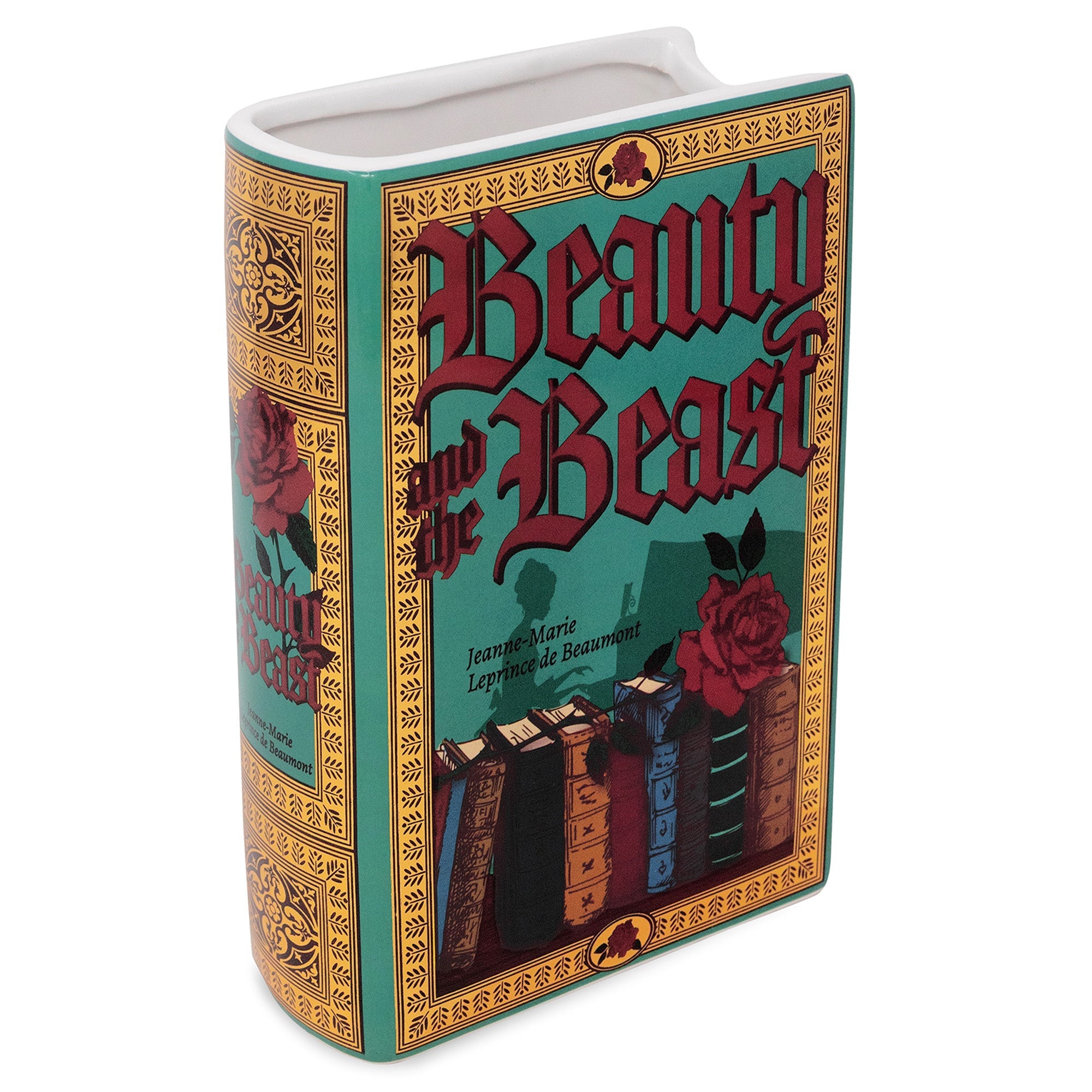 Beauty and the Beast teal ceramic book vase cover, white background