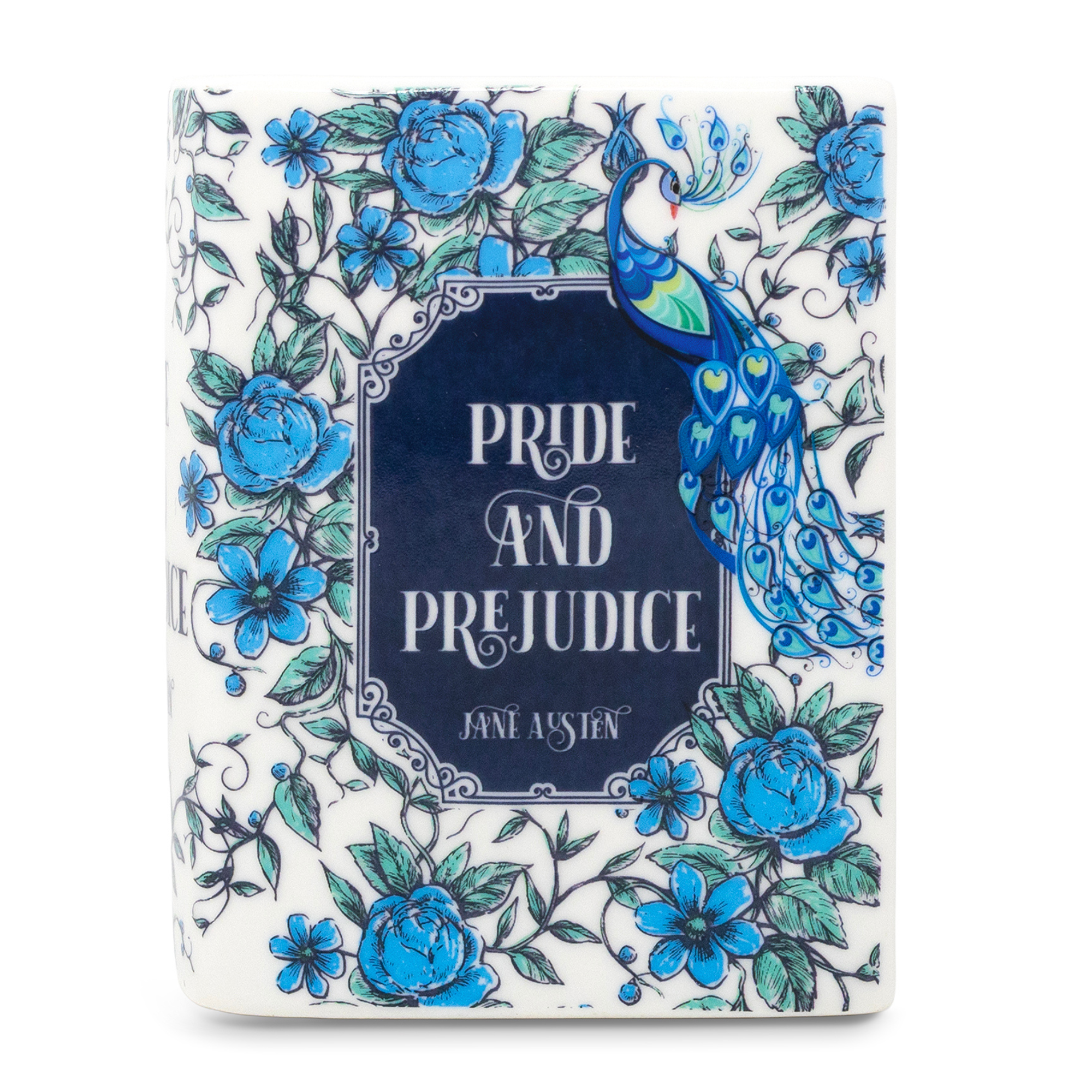 Pride and Prejudice ceramic book candle close-up showing blue floral and peacock design