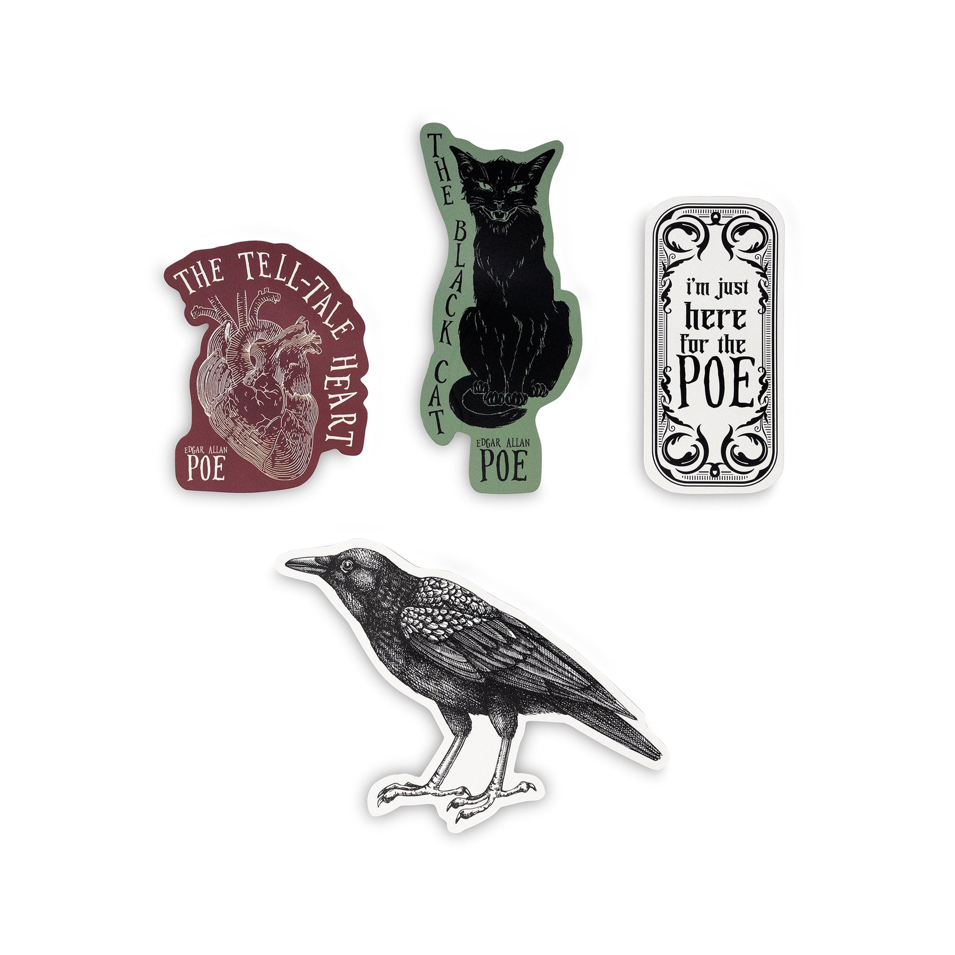 Edgar Allan Poe bookmark set of four with raven and black cat, white background