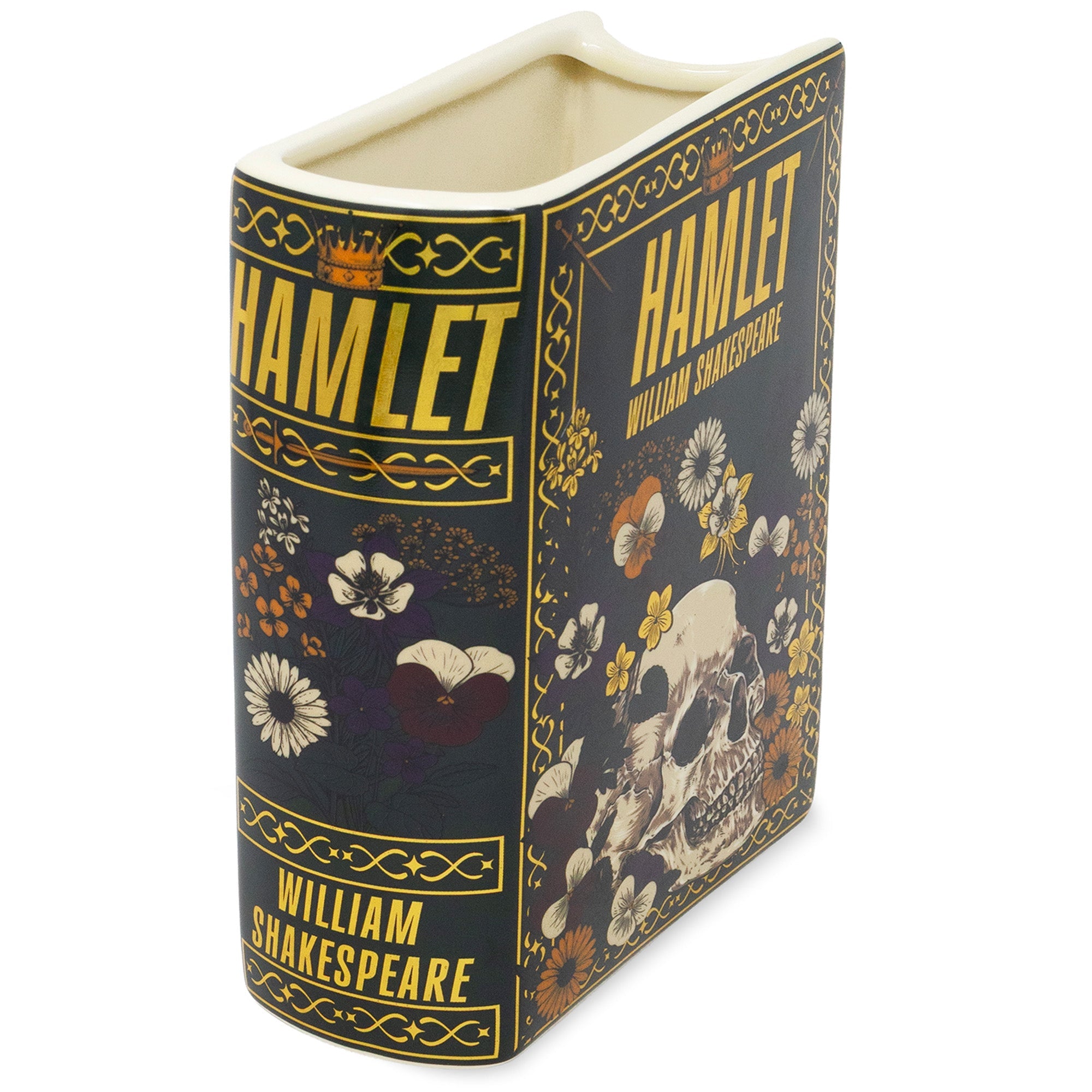 Hamlet ceramic book vase in black with Shakespeare cover design, white background