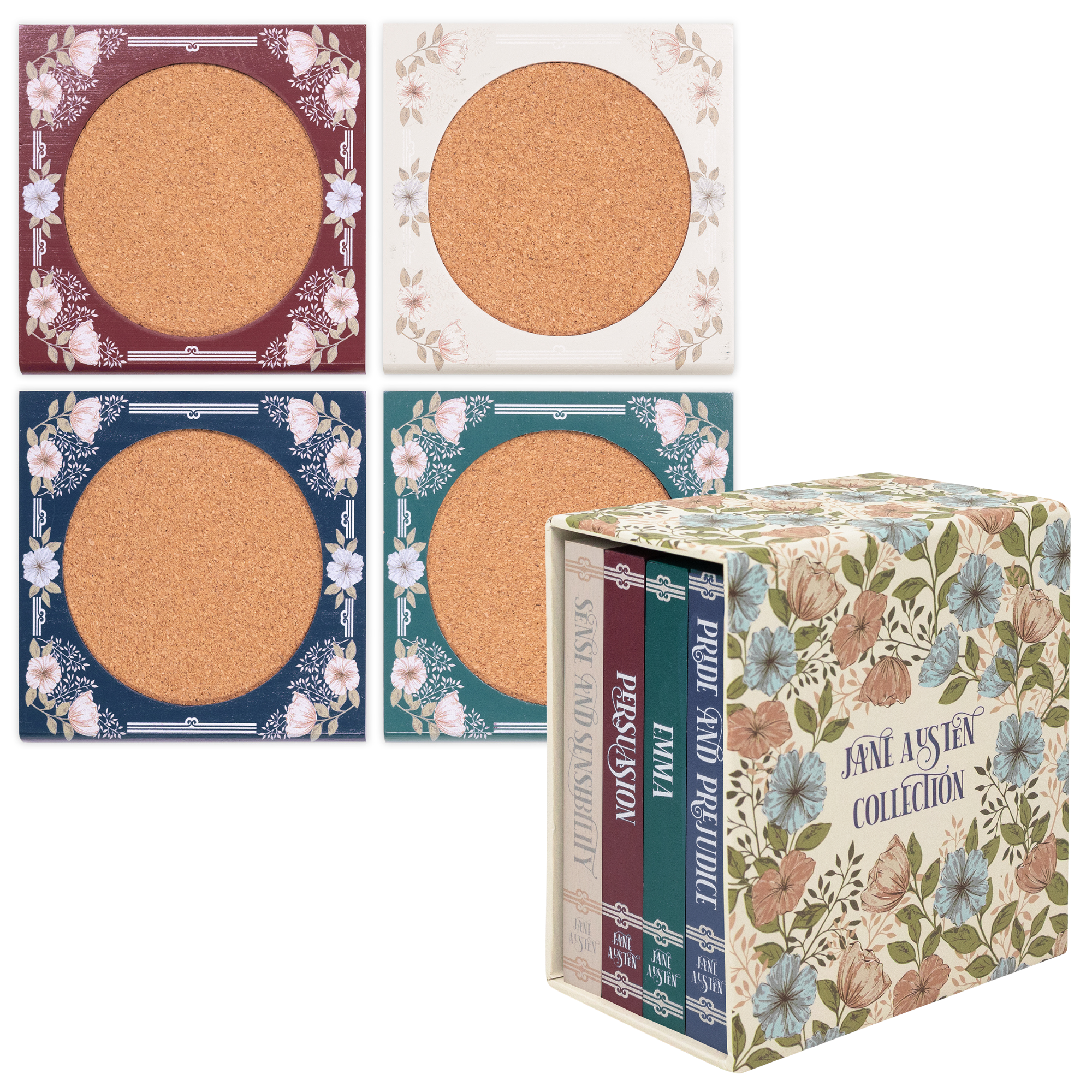 Jane Austen book coaster set with floral storage box, white background