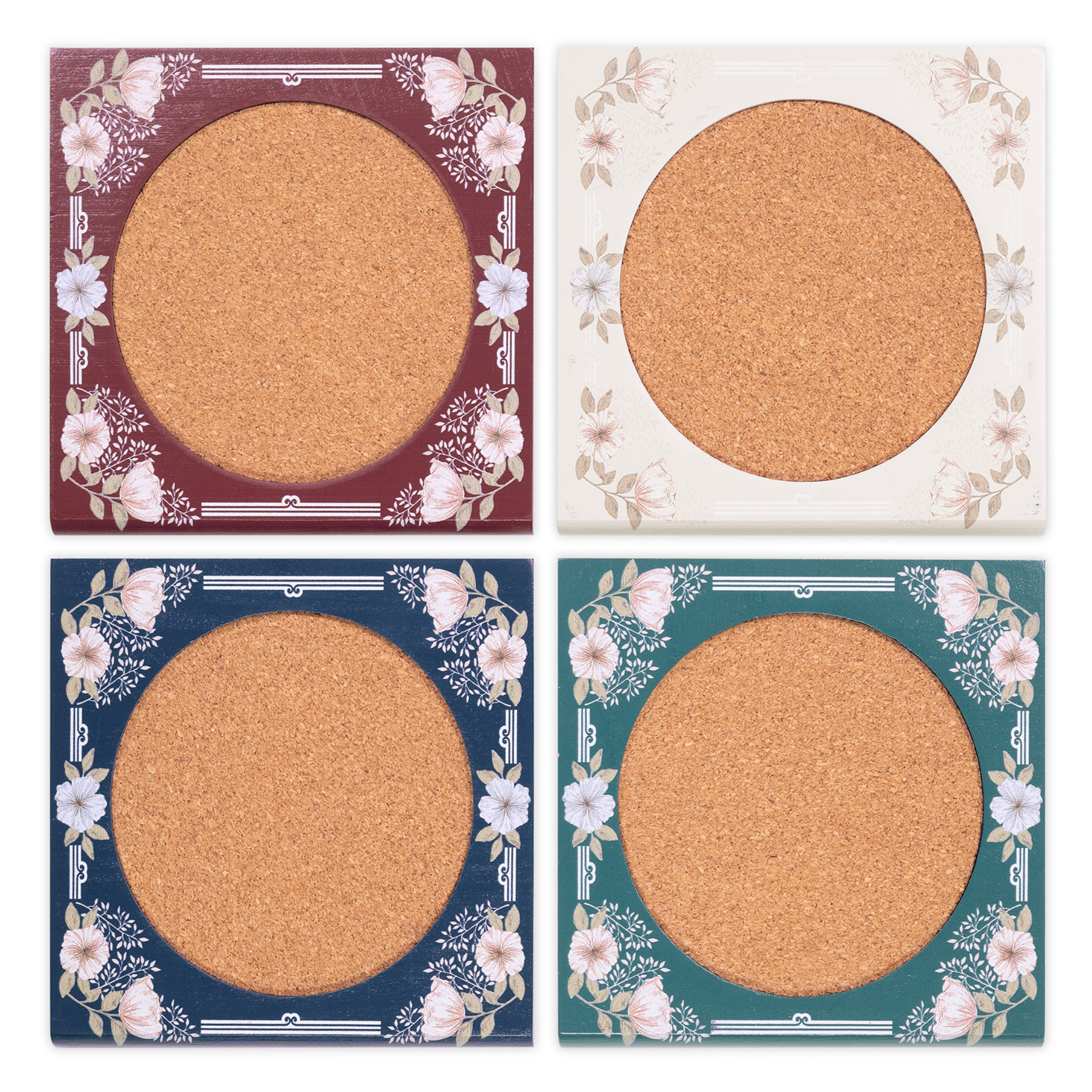 Four floral book-shaped coasters laid out, white background