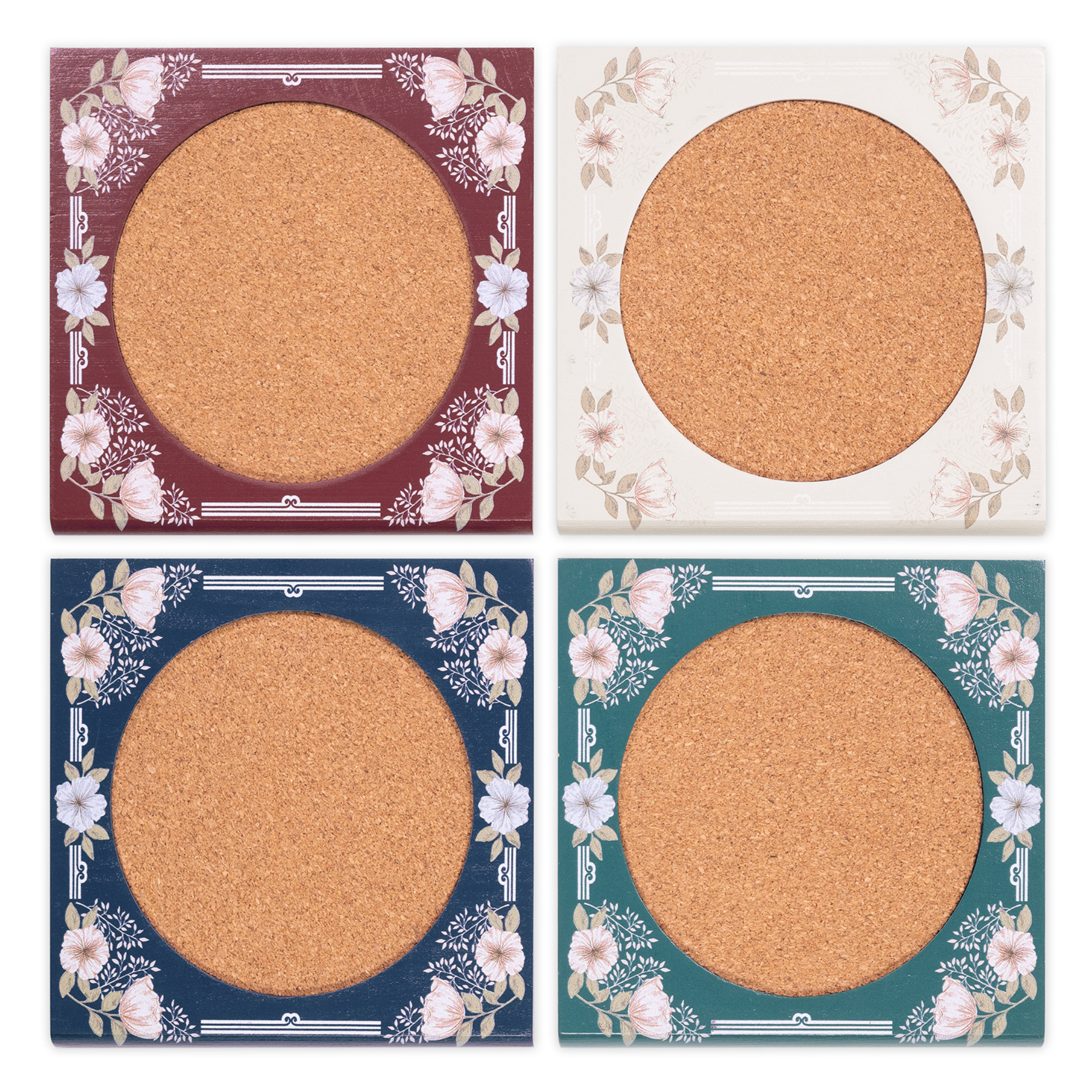 Four floral book-shaped coasters laid out, white background
