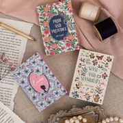 Three mini book notepads flat lay showing Austen cover designs