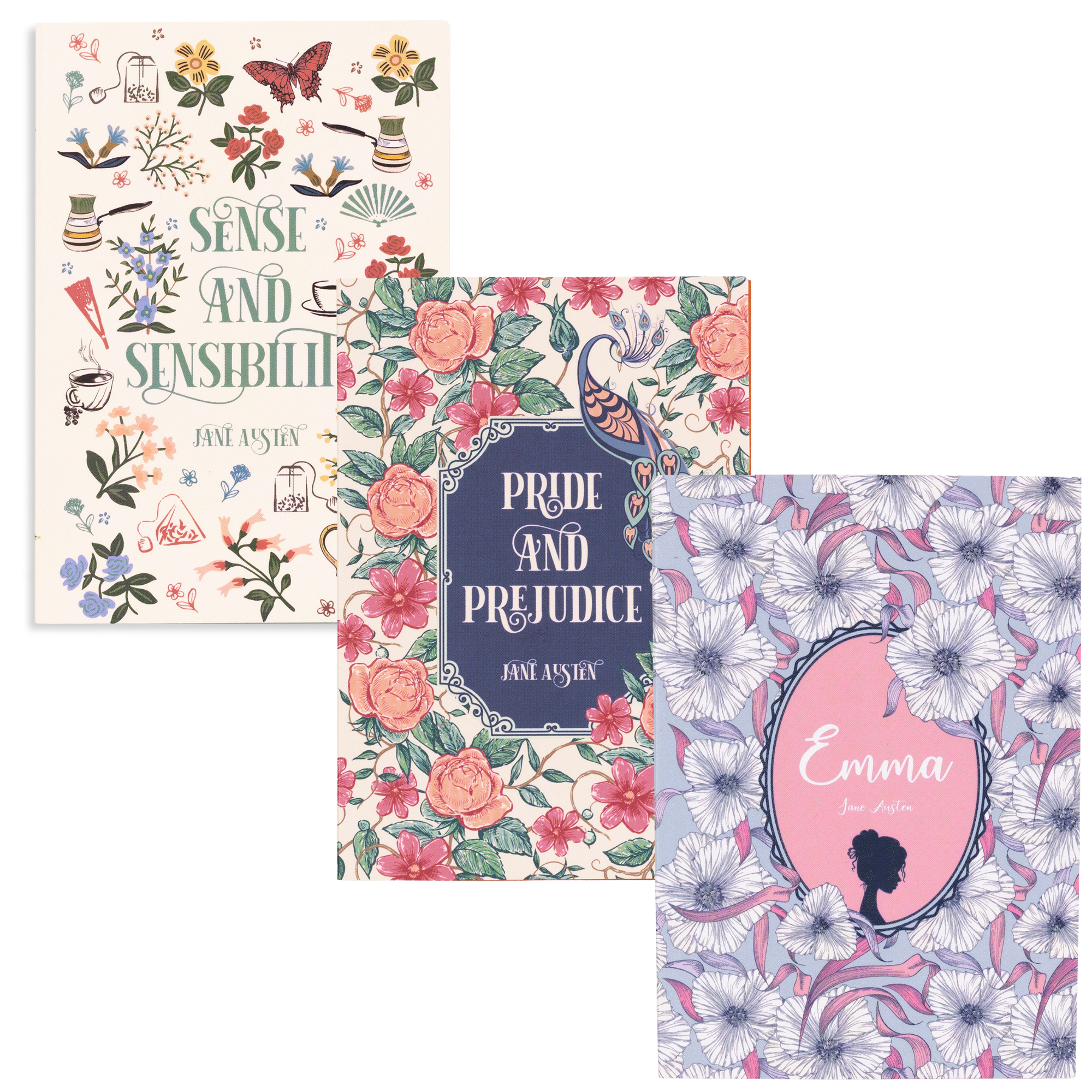 Jane Austen mini book notepad set of three with floral covers, white background