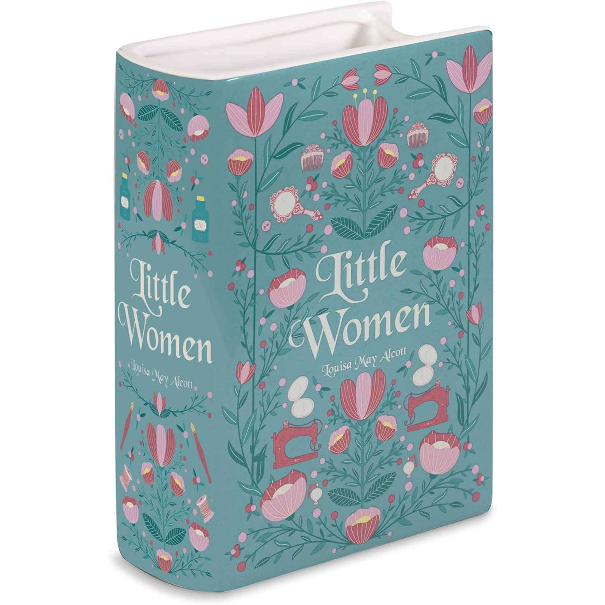 Little Women mint-green ceramic book vase front and spine, white background