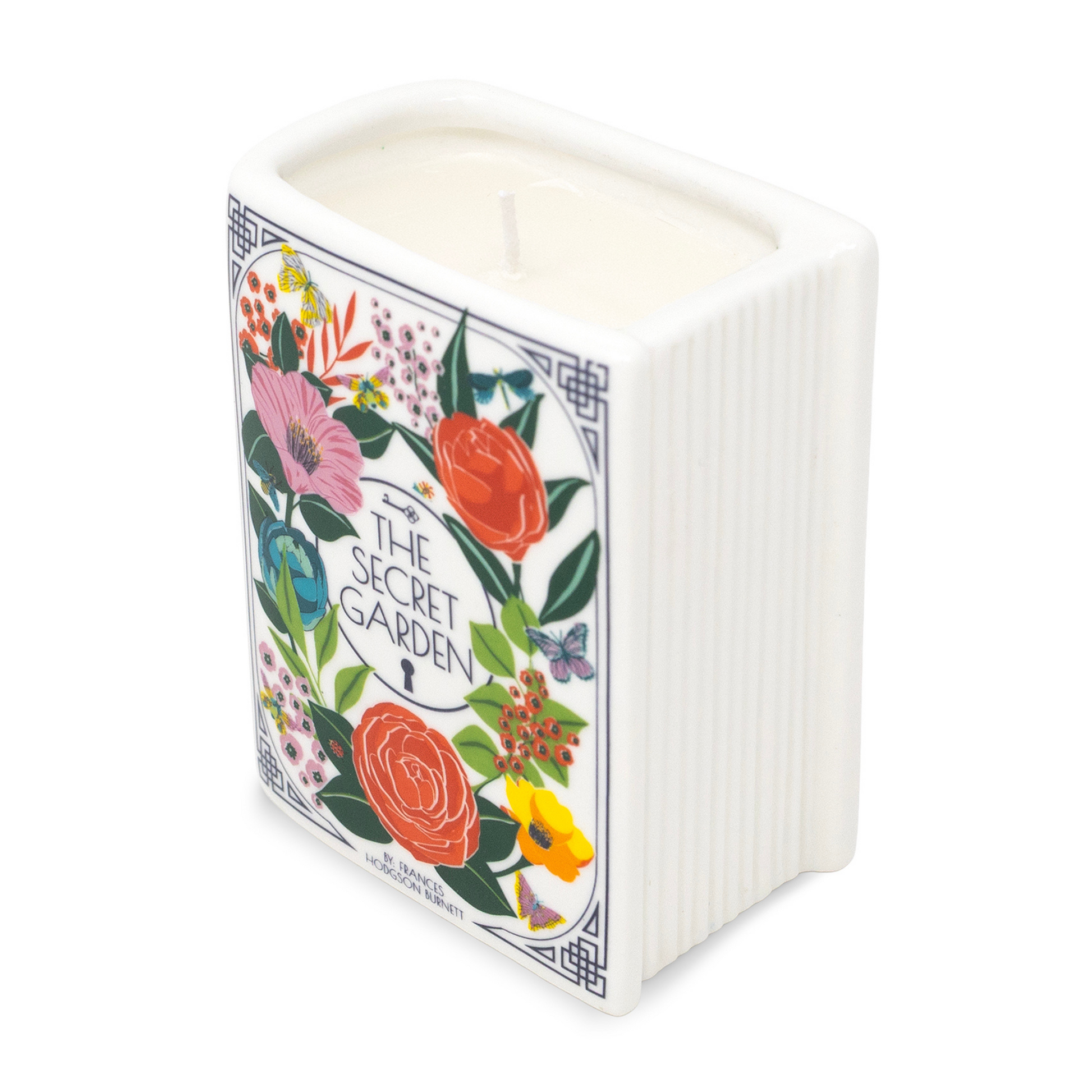 Back of the Secret Garden book candle showing sculpted pages, white background